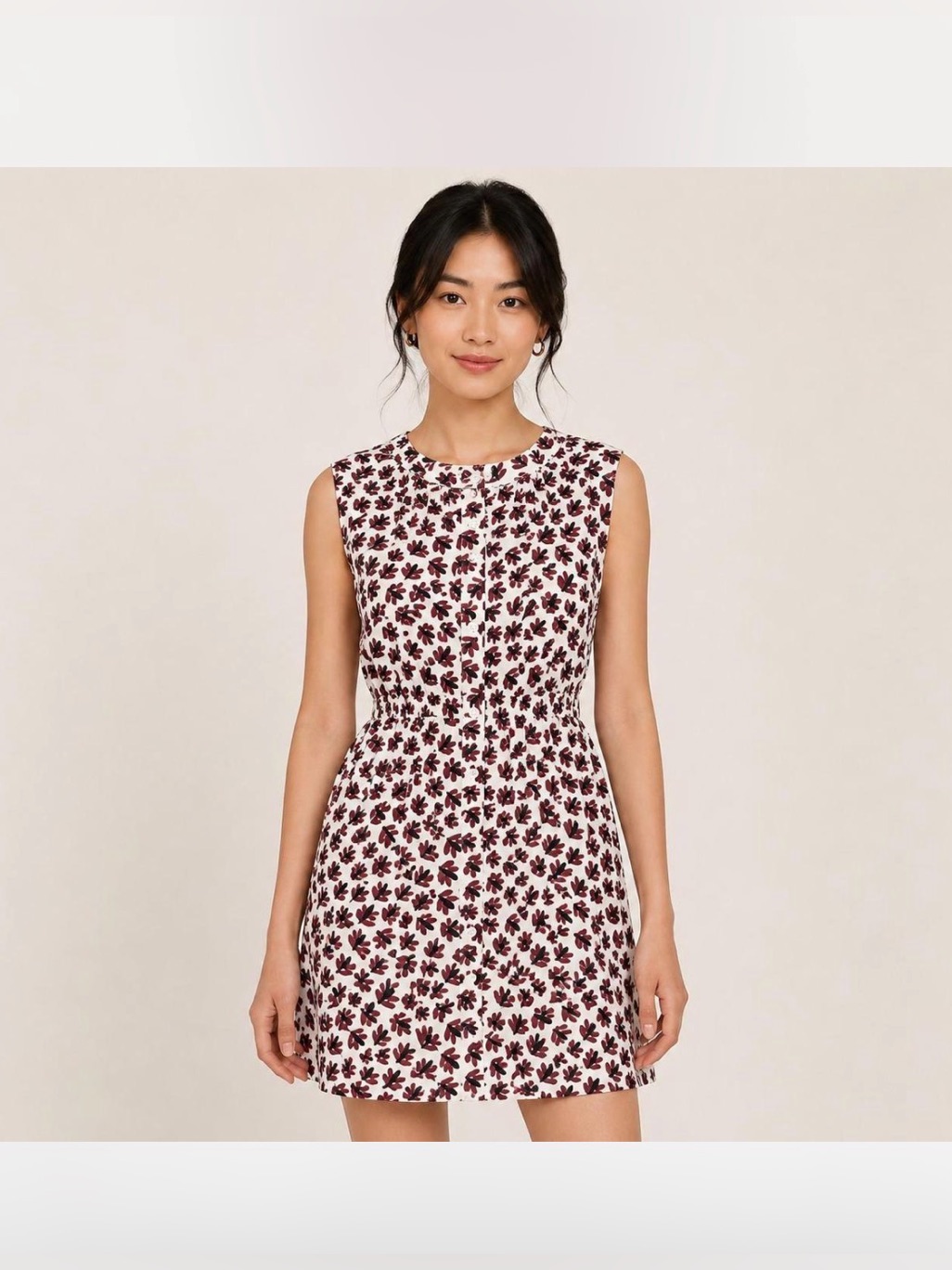 Ann Taylor Loft Sz Small S Light Gray Print Short Dress Elastic Waist Sleeveless
